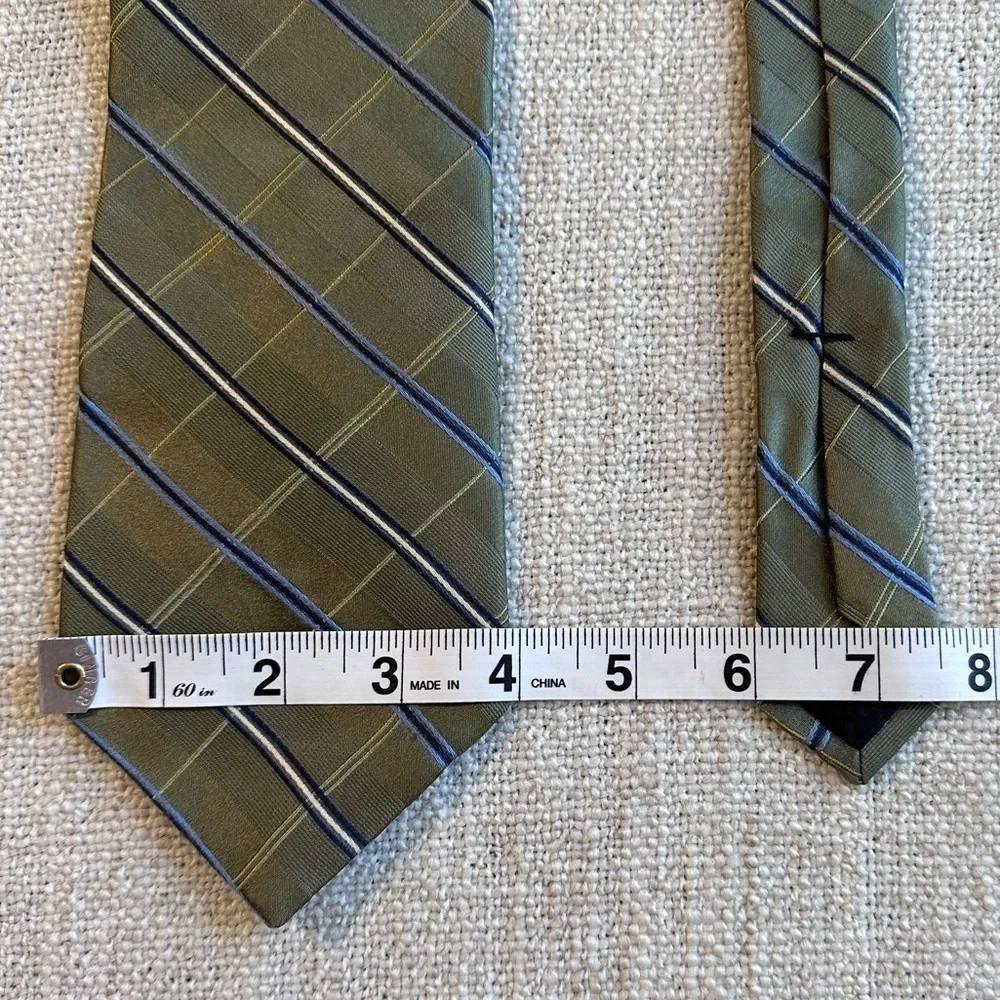 MURANO 100% Silk Tie Olive Sage Green Plaid Diagonal Stripes Blue White